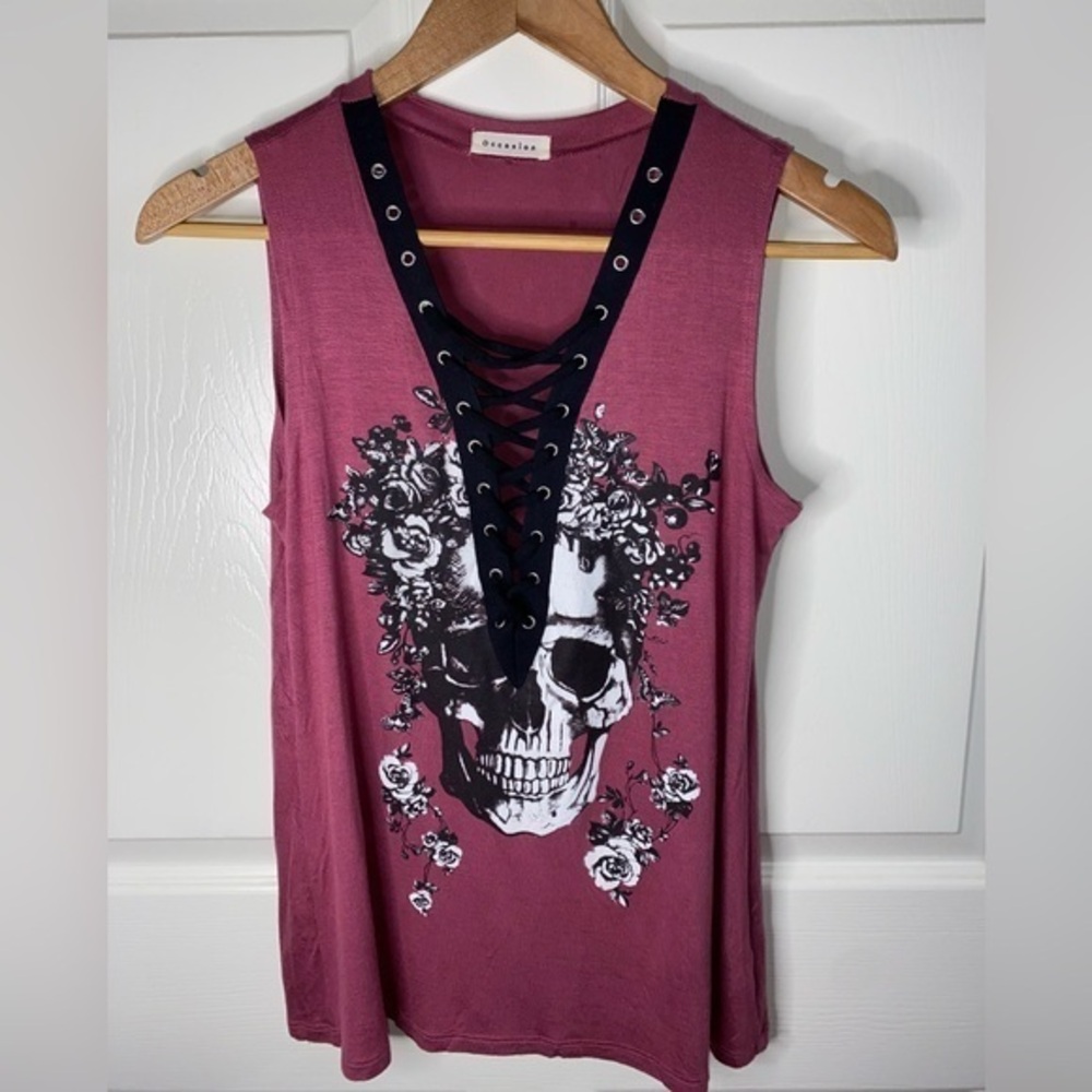Skull and Roses Lace-Up Tank Top | Dusty Pink Goth Aesthetic Size M